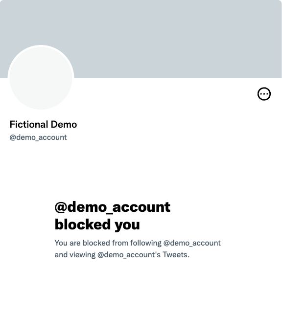 Fictional Demo account mockup showing @demo_account blocked you, captured from TweetSim