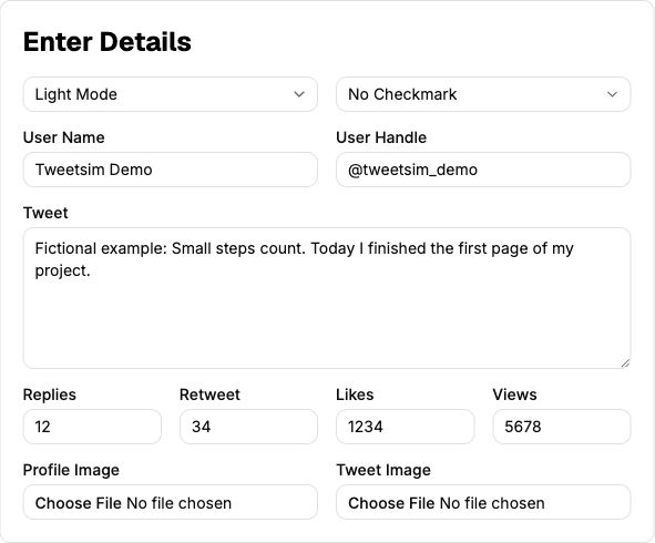 TweetSim editor filled with a fictional project update, 12 replies, 34 retweets, 1234 likes and 5678 views